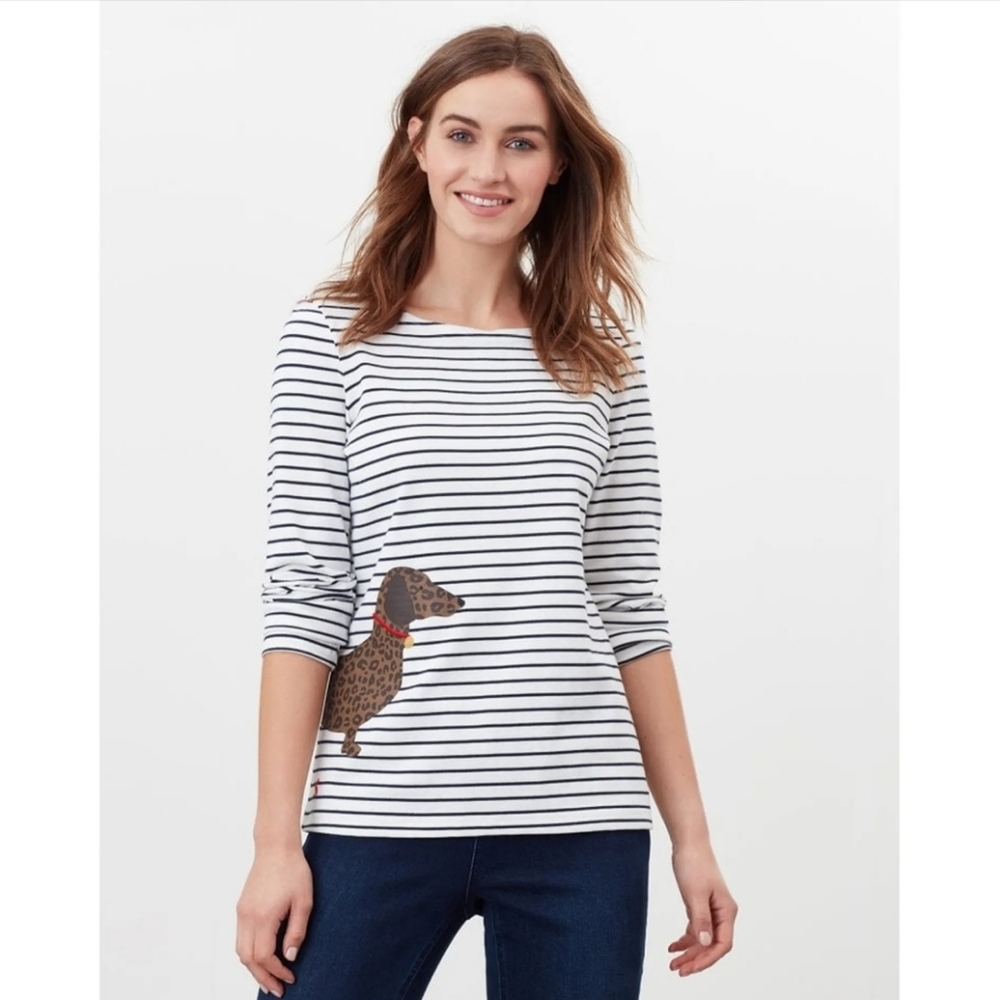 Joules White Black Striped Dachshund Dog Long Sleeve Top SZ 10 - Picture 5 of 6